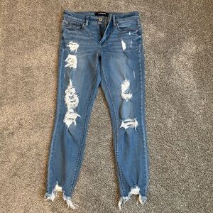 Express Ankle Cut Jeans, Very Distressed, Mid Rise